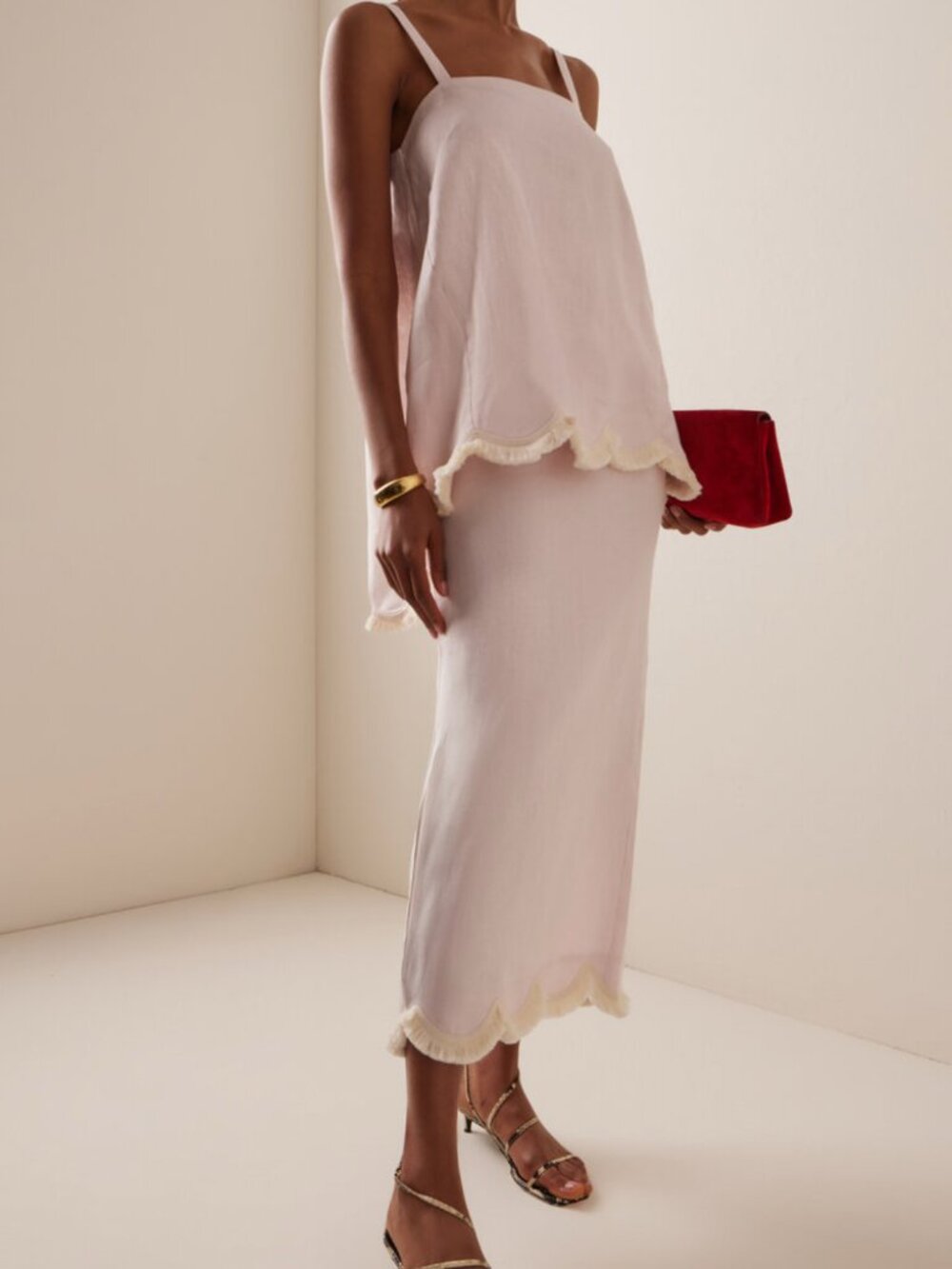POSSE Essie Fringed Linen Maxi Column Skirt Pink XS